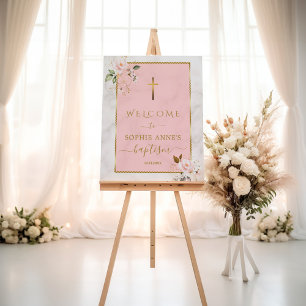 Poster Elegante Flores Rosa Dourado Sinal de Botismo Bati