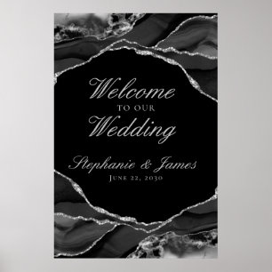 Poster Elegante Folha de Prata Preta de Ágata Casamento B
