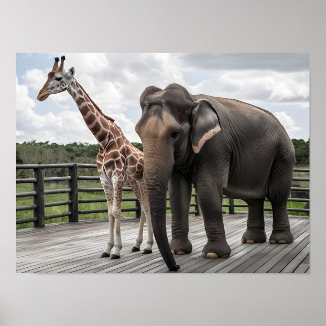 Poster Elegante Girafa e Elephant Pair no Pavimento de Ma (Frente)