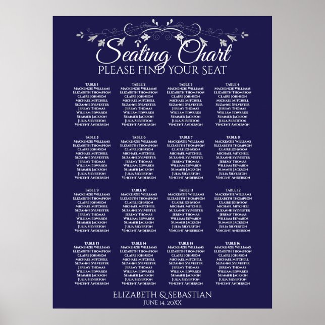 Poster Elegante Gráfico de Assentos de Casamento Azul Mar (Frente)