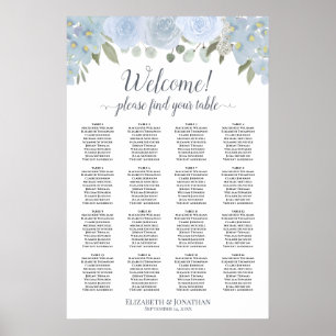 Poster Elegante Gráfico de Assentos de Mesa Floral Azul E