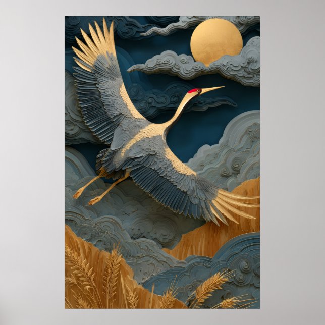 Poster Elegante Grou Voando Sob a Lua Dourada Arte do Les (Frente)