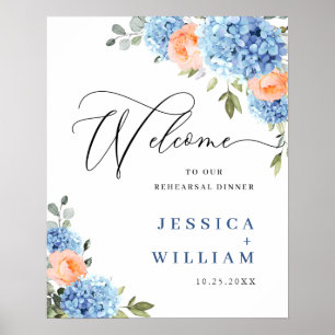 Poster Elegante Hortênsia Azul Rosas Bege Casamento