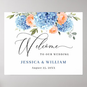 Poster Elegante Hortênsia Azul Rosas Bege Casamento