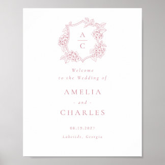 Poster Elegante Hortênsia Floral Crista Bem-Vindo Casamen