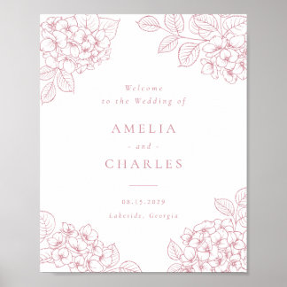 Poster Elegante Hortênsia Rosa Floral Boas-Vindas de Casa