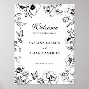 Poster Elegante Jardim Floral Preto e Branco Boas-Vindas