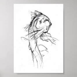 Poster Elegante Koi Fish Abstrato Sketch