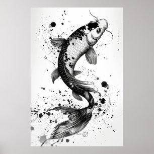 Poster Elegante Koi Fish Pond Black Stroke Flat Illustrat