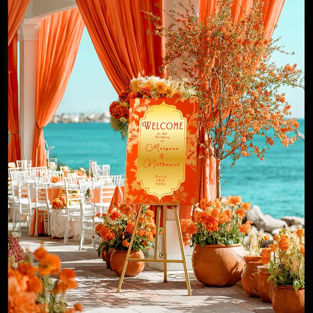 Póster Elegante Laranja e Dourado Casamento Mandarim (Elegant Floral Orange and Gold Glossy Wedding Welcome Poster )