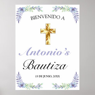 Poster Elegante Lavanda Cruz De Oro Bautizo Bienvenido