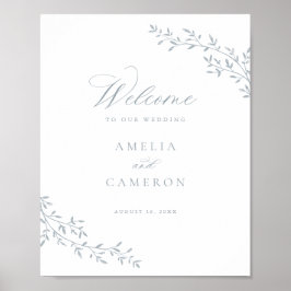 Poster Elegante Leaf Branch Botanical Blue Wedch Welcome