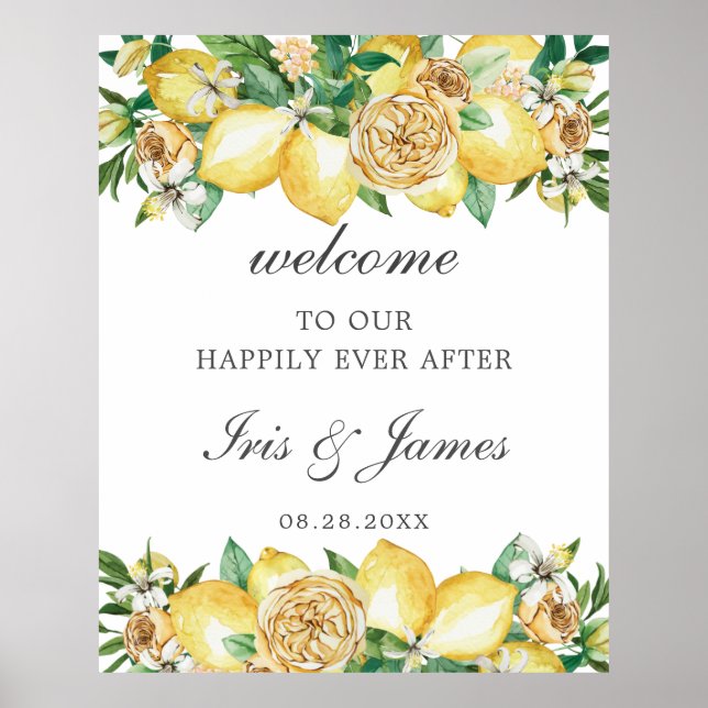 Poster Elegante Lemon Floral Greenery Weding Bem-vindo (Frente)
