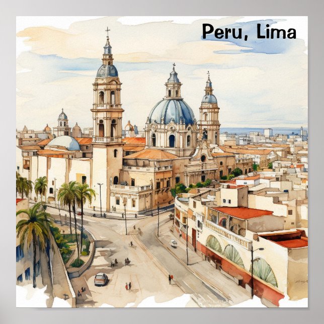 Poster Elegante Lima Peru Panorama em Aquarela (Frente)