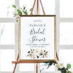 Poster Elegante Magnolia | Chá de panela Blush Bem-vindo<br><div class="desc">Este elegante poster de boas-vindas ao chá de panela de emboscada magnólia escamoteada é perfeito para um chá de casamento moderno. O design floral suave apresenta coloração aquosa, cor-de-rosa pincelada, impressionantes flores brancas de magnólia e algodão, com ouro e folhas verdes, num arranjo luxuoso. Personalize o poster com o nome...</div>