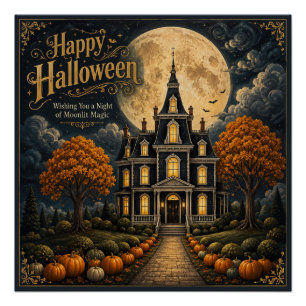 Póster Elegante Mansão Assombrada de Halloween