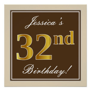 Póster Elegante, Marrom, Dourado Falso Aniversário de 32 