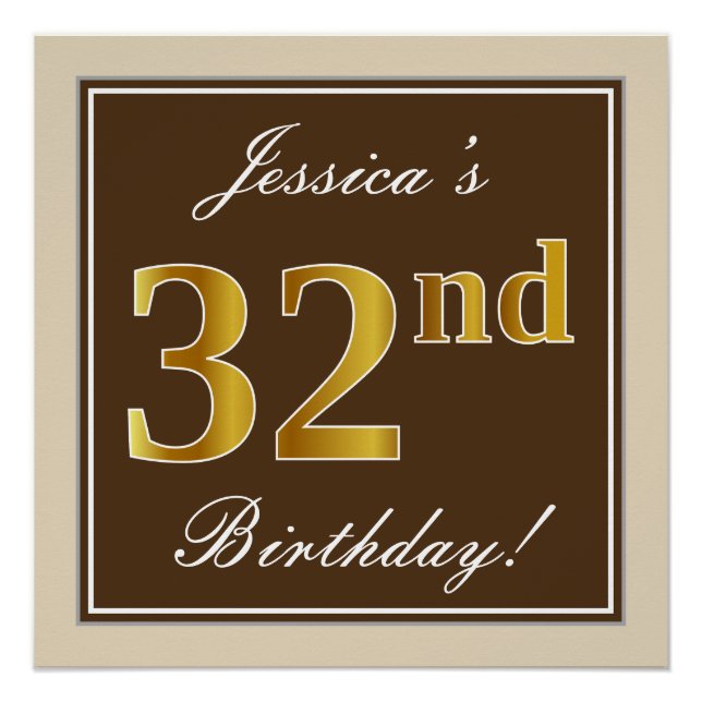 Póster Elegante, Marrom, Dourado Falso Aniversário de 32  (Frente)