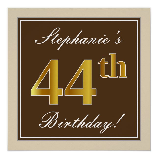 Póster Elegante, Marrom, Dourado Falso Aniversário de 44  (Frente)