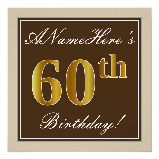 Póster Elegante, Marrom, Dourado Falso Aniversário de 60  (Frente)