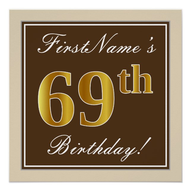 Póster Elegante, Marrom, Dourado Falso Aniversário de 69  (Frente)