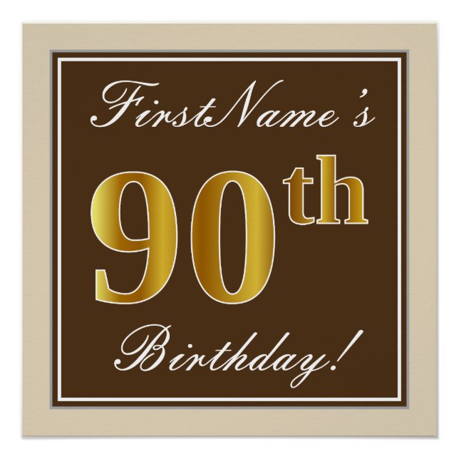 Póster Elegante, Marrom, Dourado Falso Aniversário de 90  (Frente)