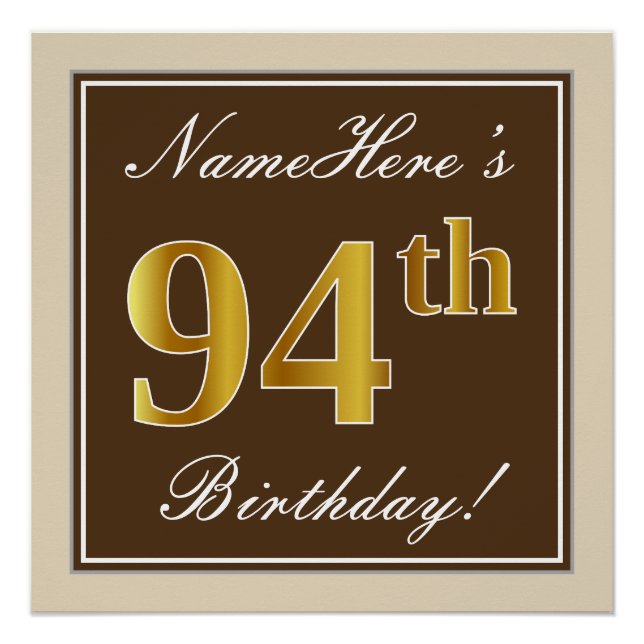 Póster Elegante, Marrom, Dourado Falso Aniversário de 94  (Frente)