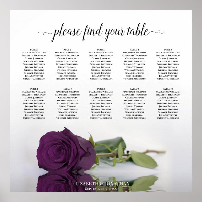 Poster Elegante Mesa de 10 Plumagem Roxa Carta de Assento (Frente)