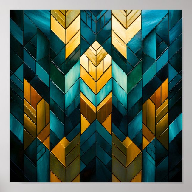 Poster Elegante Moderno Abstrato Dourado Azul Geométrico (Frente)