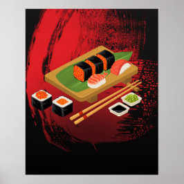 Poster Elegante Moderno Chic Sushi Preto e Vermelho