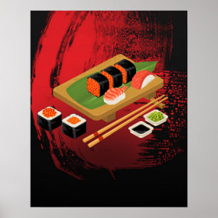 Poster Elegante Moderno Chic Sushi Preto e Vermelho