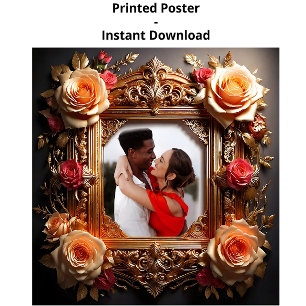 Poster Elegante moldura de foto vitoriana com rosas 3D