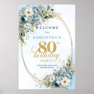 Poster Elegante moldura dourada floral azul empoeirado pa