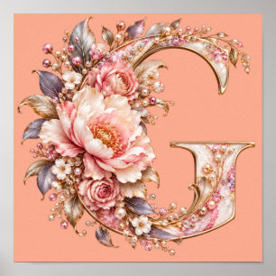 Poster Elegante Monograma de Flor de Peônia Rosa Bege Let