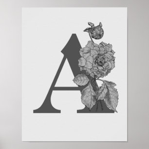 Poster Elegante Monograma Inicial A Peônia Prata