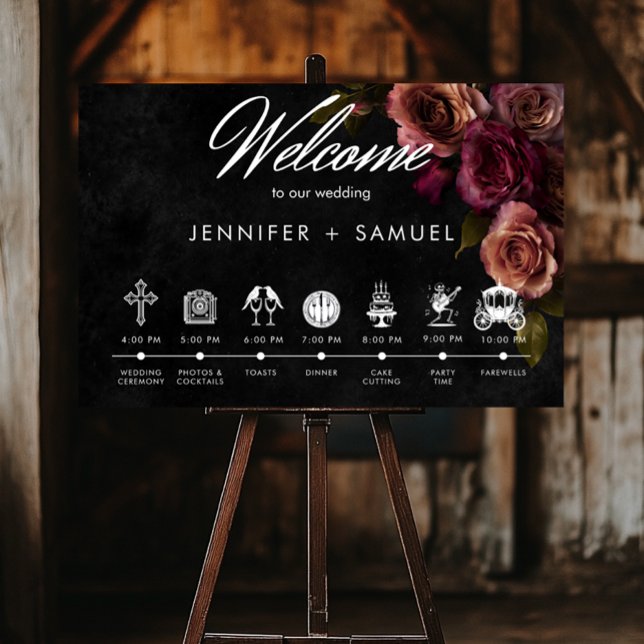 Poster Elegante Moody Muted Rust Burgundy Ordem dos Event (Elegant Moody Muted Rust & Burgundy Floral Wedding Poster)