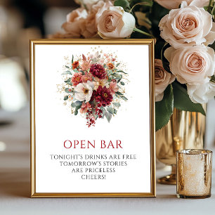Poster Elegante Outono Borgonha Floral Barra Aberta Mesa 