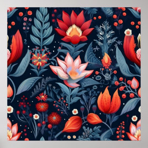 Poster Elegante Padrão Botânico Vermelho Azul Turquesa Me