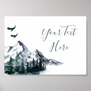 Poster Elegante Paisagem Florestal Montanhosa em Aquarela