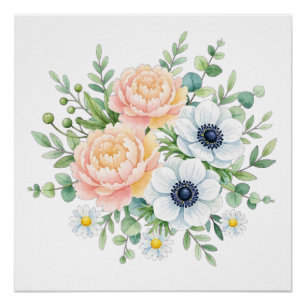 Póster Elegante peônia em aquarela e floral de anemona br