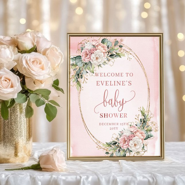 Poster Elegante Placa de Boas-Vindas em Rosa Dourado para (Elegant Welcome Rose Gold Floral Baby Shower Sign)