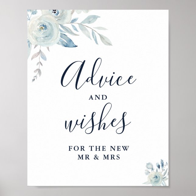 Poster elegante placa de flores azul empoeirado com conse (Frente)