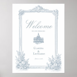 Poster Elegante Pó Azul Floral Borda de Boas-Vindas de Ca