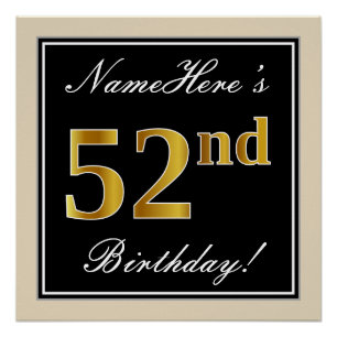 Póster Elegante, Preto, Dourado Falso Aniversário de 52 a