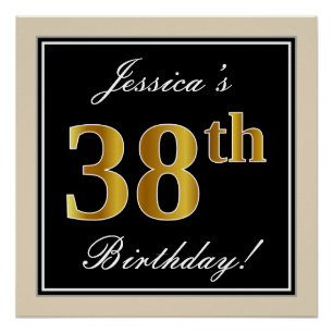 Póster Elegante, Preto, Falso Dourado Aniversário de 38 a