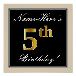 Póster Elegante, Preto, Faux Dourada 5 Aniversário + Nom