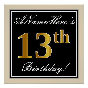 Póster Elegante, Preto, Faux Dourado 13 Aniversário + Nom