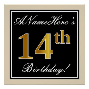 Póster Elegante, Preto, Faux Dourado 14 Aniversário + Nom