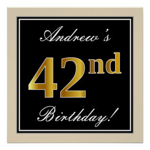 Póster Elegante, Preto, Faux Dourado 42º Aniversário +