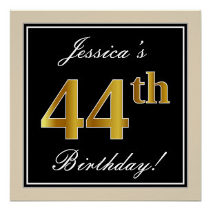 Póster Elegante, Preto, Faux Dourado 44 Aniversário + Nom